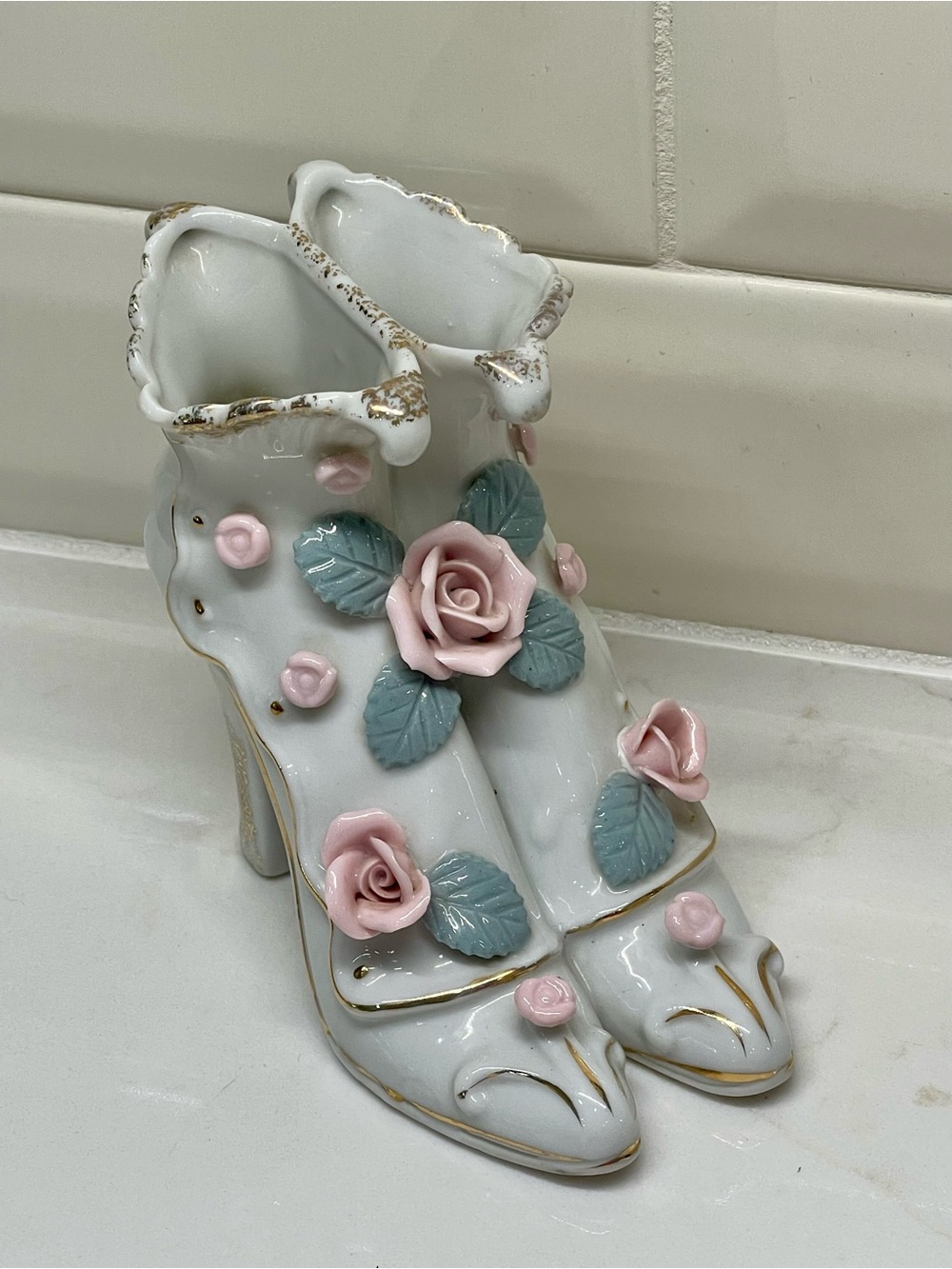 VTG Porcelain White Decorative Heeled Boot Vase Decor w/ Pink Rose Accents Japan